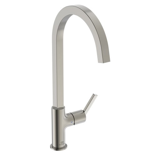 Ideal Standard Gusto single lever square C spout kitchen mixer with Bluestart technology, silver storm