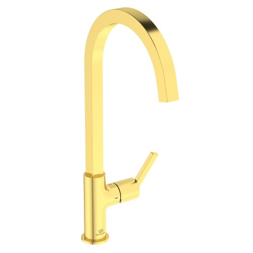 Ideal Standard Gusto single lever square C spout kitchen mixer with Bluestart technology, brushed gold